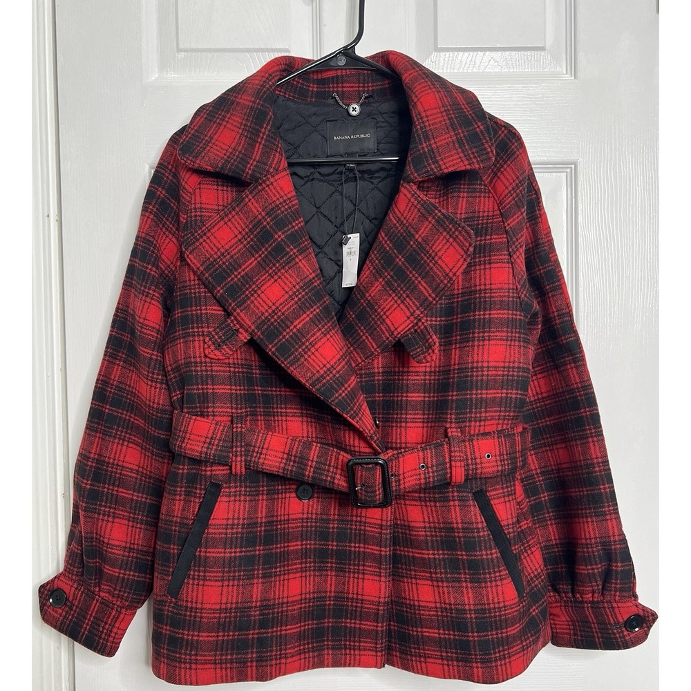 Banana Republic Womens Casual Business Warm Plaid Wool Red Jacket Coat Belt Sz S